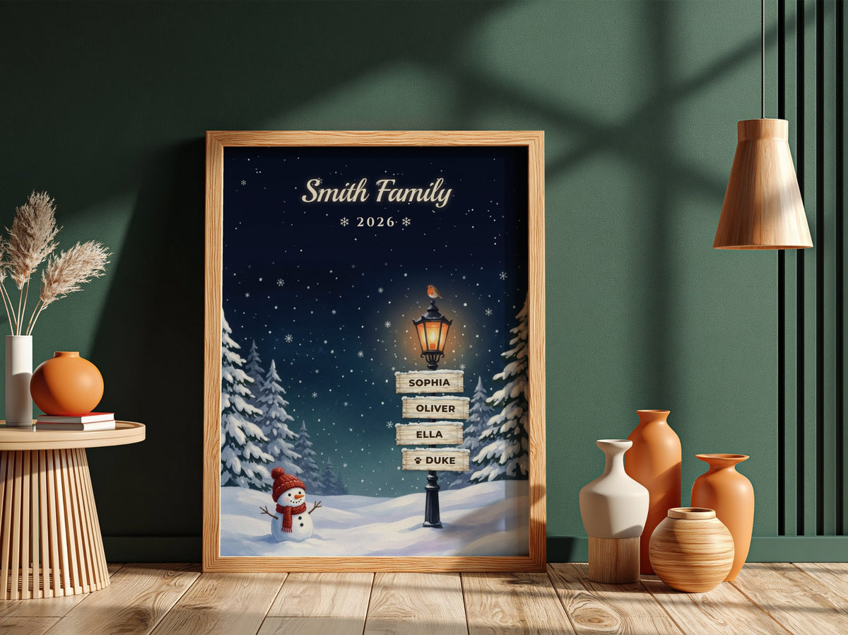 Personalised Christmas Lamppost Family Name Signpost Print