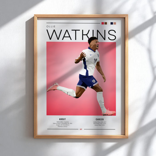 Ollie Watkins poster featuring England National Team colors and dynamic football action