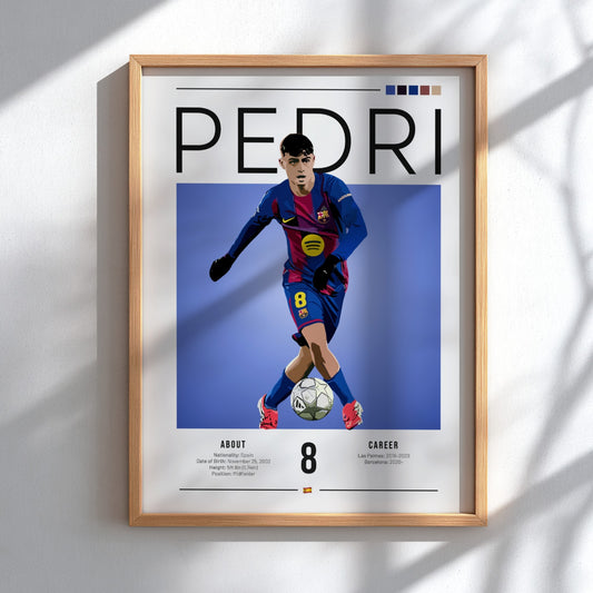 Soccer illustration of Pedri in Barcelona kit, vibrant colors, dynamic pose, sports wall art