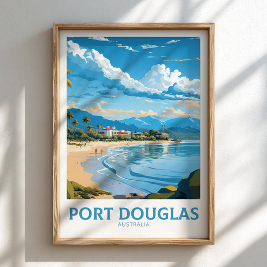 Framed artwork of Port Douglas, Australia with a beach and mountain view.