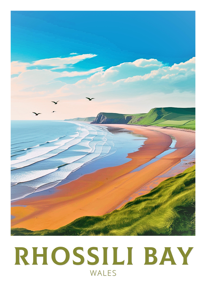 Affiche de voyage de la baie de Rhossili - Illustration du Pays de Galles