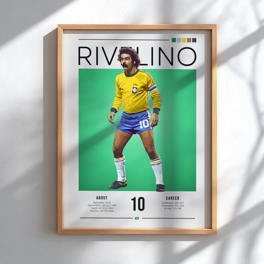 Rivelino football art featuring vibrant yellow and blue colors in vintage style wall decor