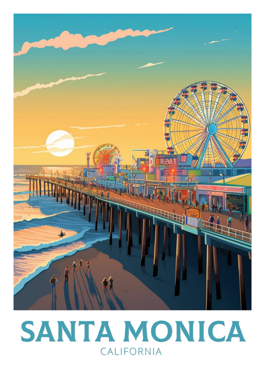 Affiche de voyage de Santa Monica - Illustration californienne