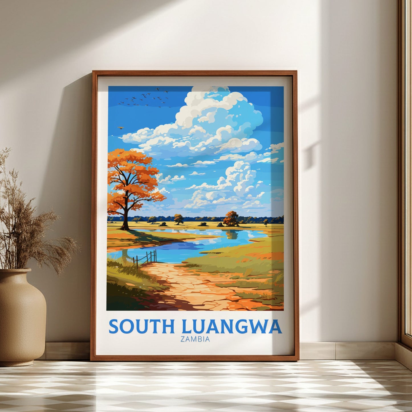 Framed artwork of South Luangwa, Zambia with a scenic landscape.