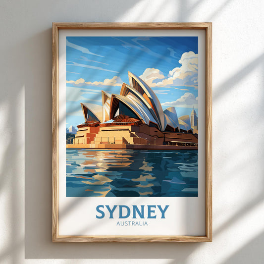 Framed artwork of the Sydney Opera House with 'Sydney, Australia' text on a light background
