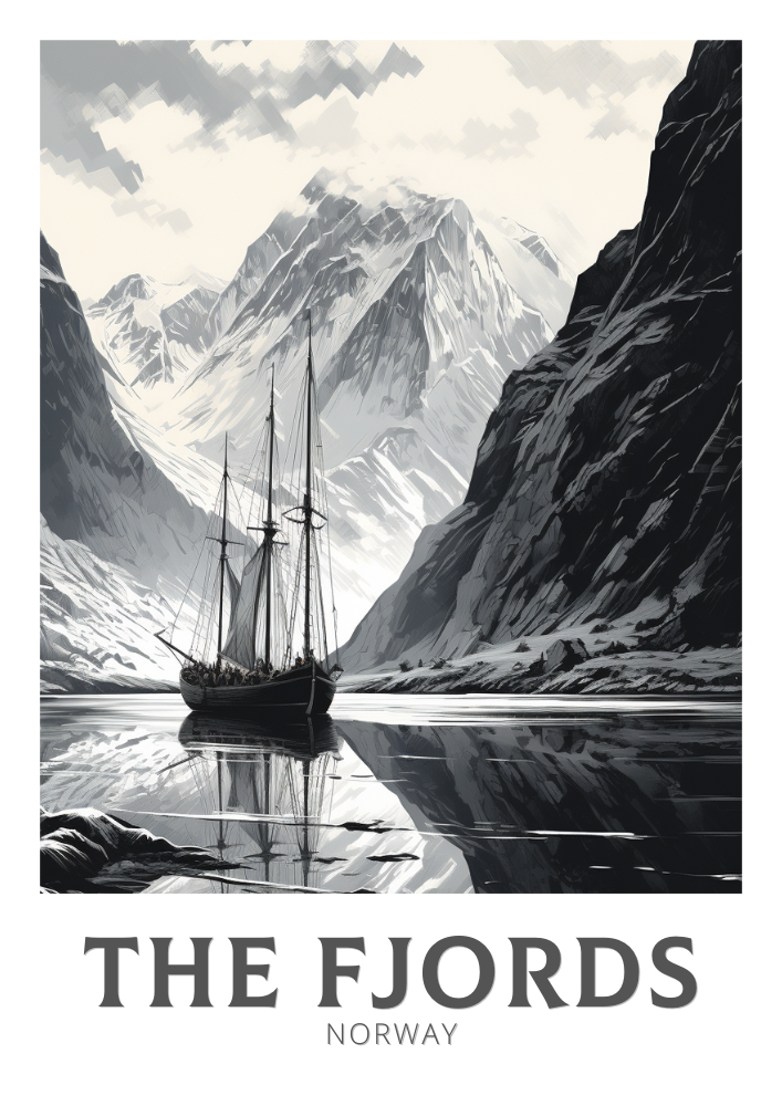 Affiche de voyage noir et blanc des Fjords - Norvège