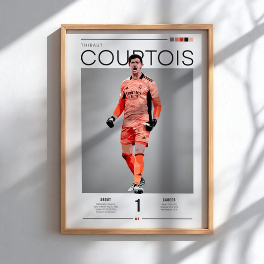 Thibaut Courtois poster featuring Real Madrid goalkeeper in vibrant colors, dynamic style for home decor.