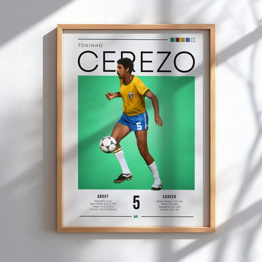 Toninho Cerezo football art print featuring vibrant yellow jersey and green background