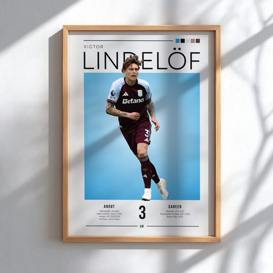 Football poster of Victor Lindelöf in Aston Villa shirt, vibrant colors and dynamic design