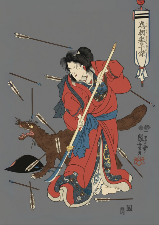 Traditional Japanese illustration of a warrior in red and blue attire with a wolf-like creature and spears on a gray background.