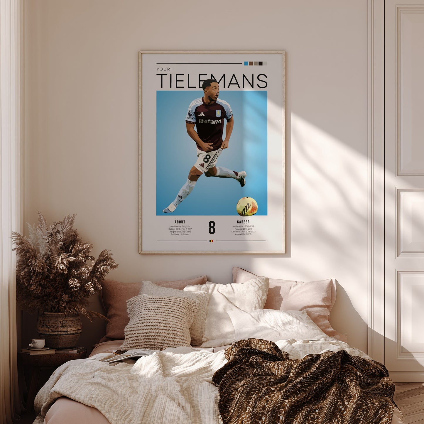 Youri Tielemans football poster featuring Aston Villa player in vibrant colors and modern style