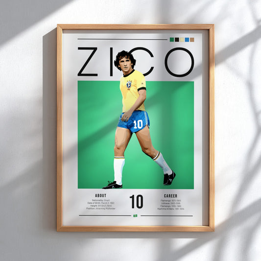 Zico Brazil football player wall art in vibrant colors showcasing retro style