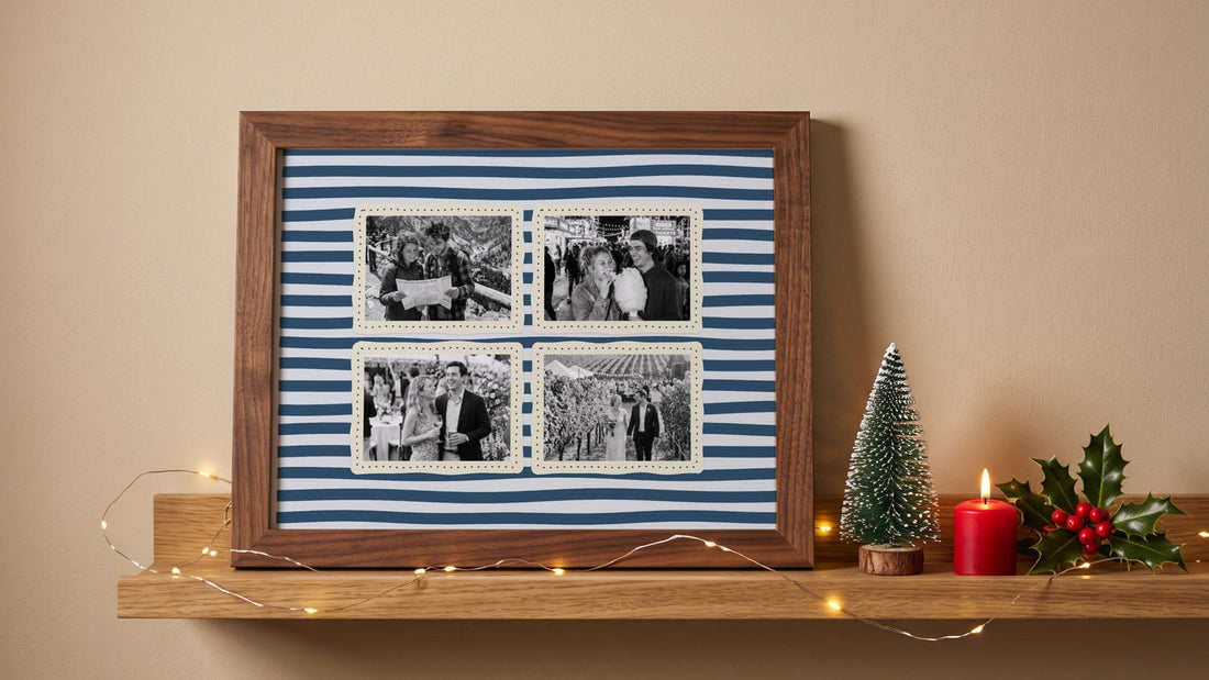 Four-photo couples print on navy stripes in a walnut frame on a shelf with fairy lights, a mini Christmas tree, a candle and holly