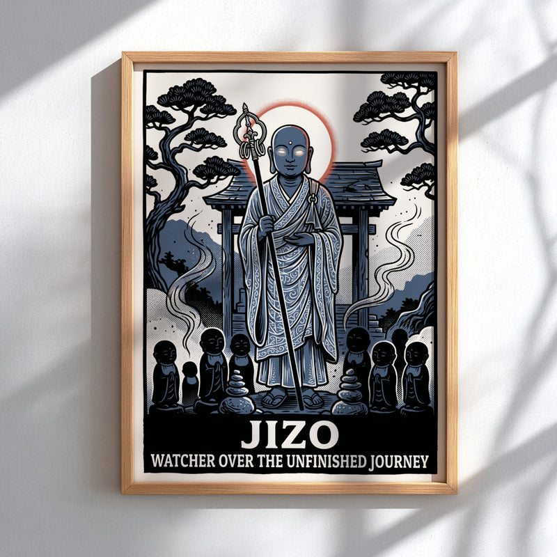 Poster featuring a serene Jizo monk figure in blue tones with traditional temple background