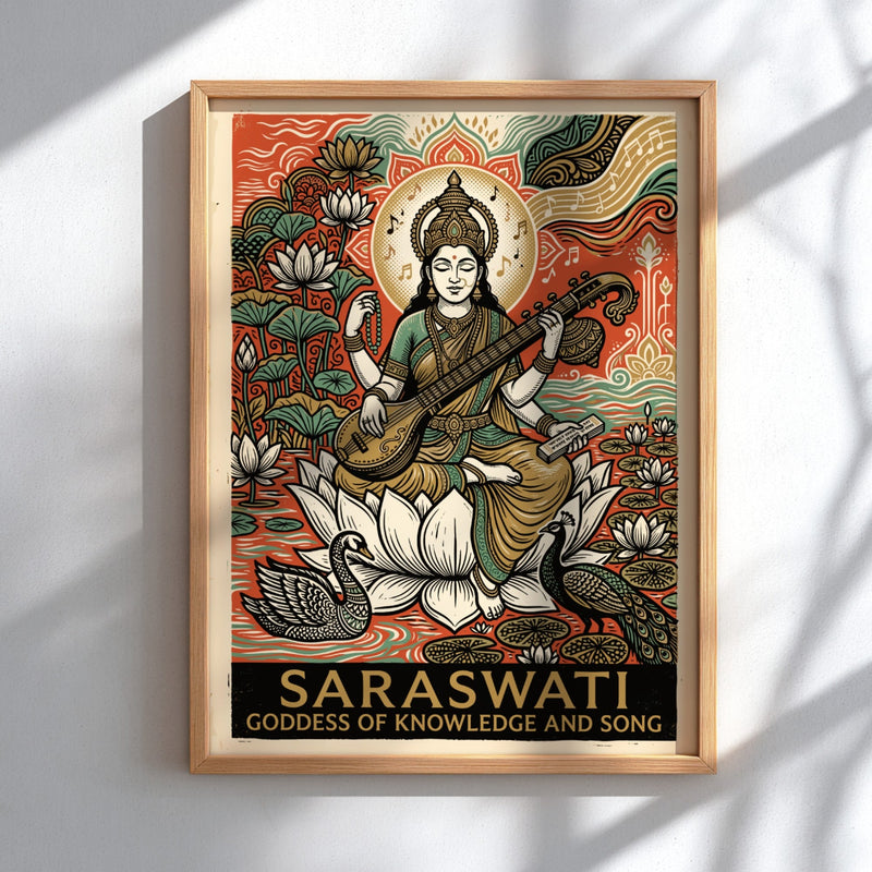Poster of Saraswati the Goddess of Knowledge sitting on a lotus with musical notes.