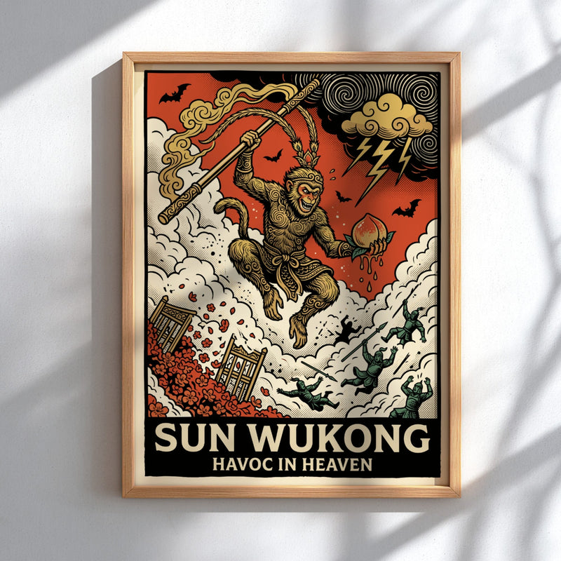 Poster featuring Sun Wukong, the Monkey King, wielding a staff amidst celestial chaos.