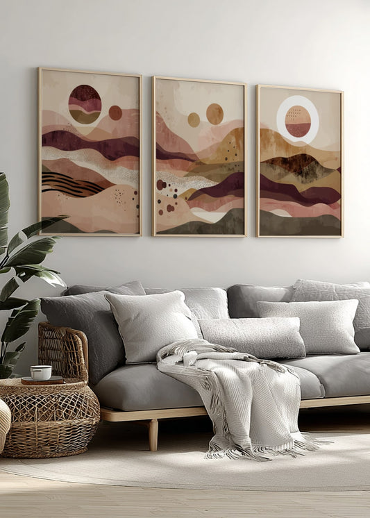 Abstract Earth Tone Landscape Wall Art Set – 3 Modern Poster Prints