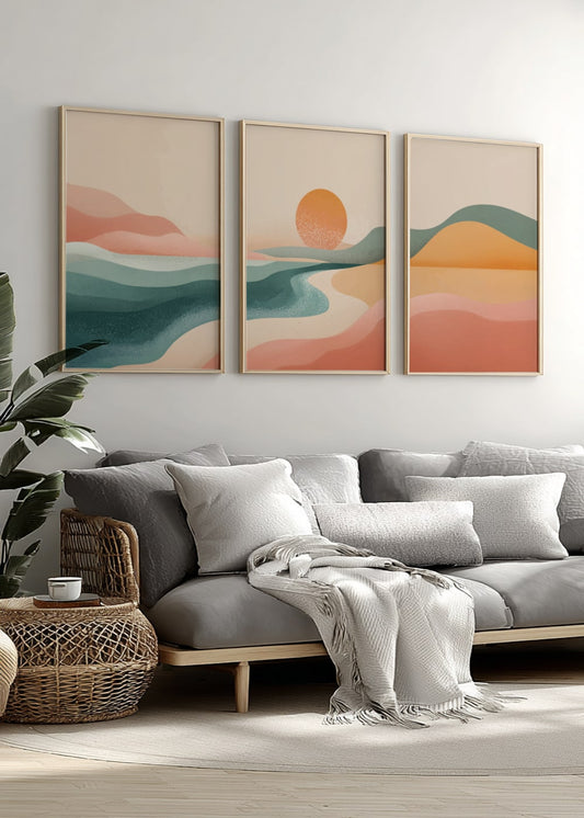 Blue and Pink Mountain Sunset Wall Art – Landscape Poster Set of 3, Serene Nature Prints for Bedroom or Living Room Decor