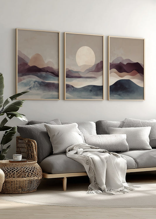 Mountain Sunset Wall Art Set of 3 – Beige and Purple Landscape Prints