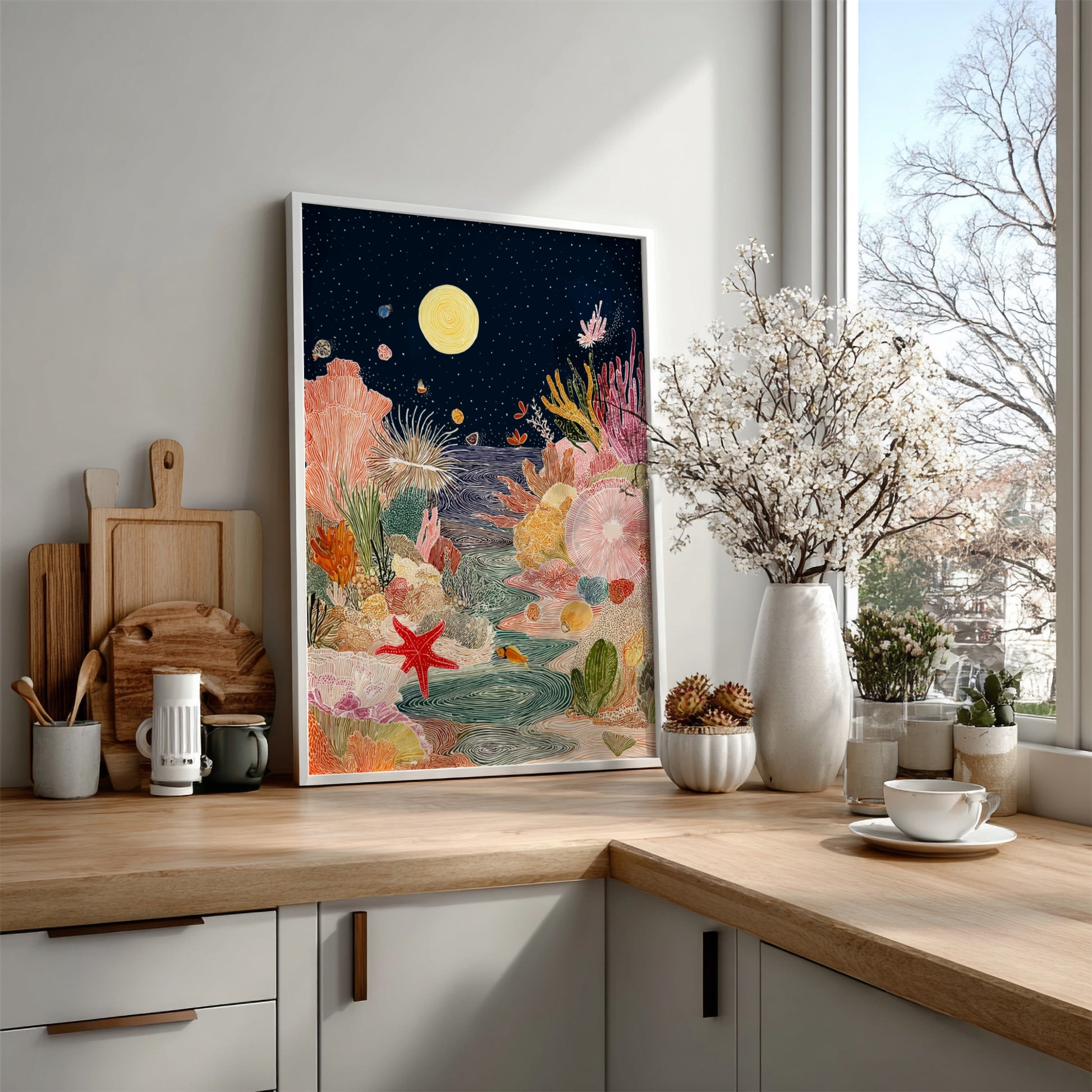 Tide Pool Midnight Blue wall art featuring a vibrant coral reef under a starry night sky with a moon