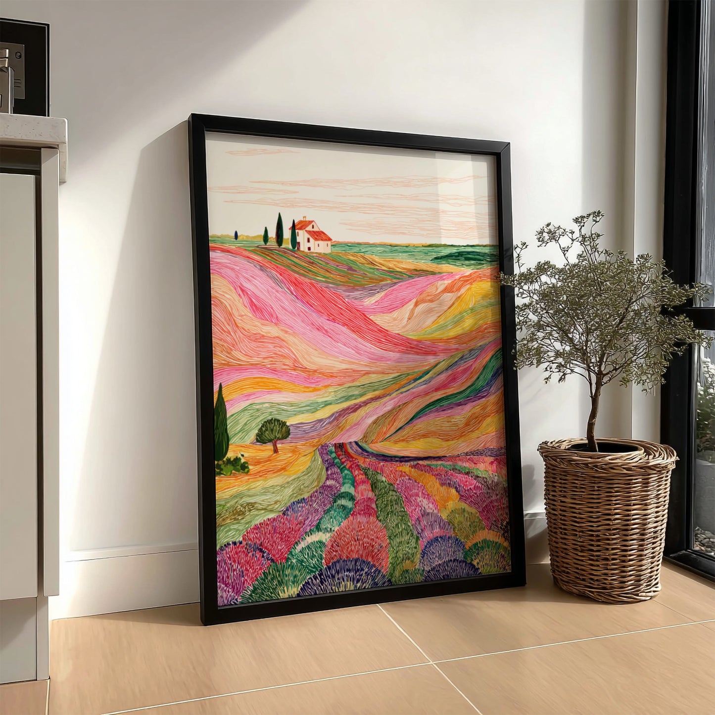 Lavender fields poster with vibrant, textured rows of purple, pink, and yellow flowers leading to a 
