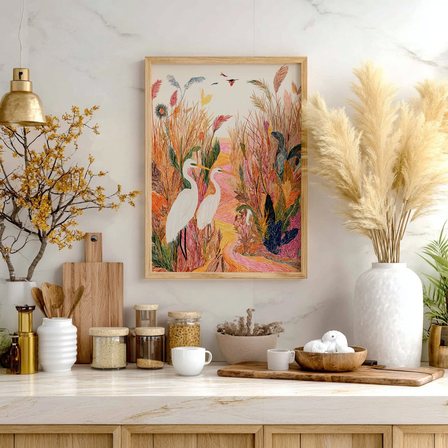 Salt Marsh Egret art print with two white egrets in a textured, colorful marsh landscape.