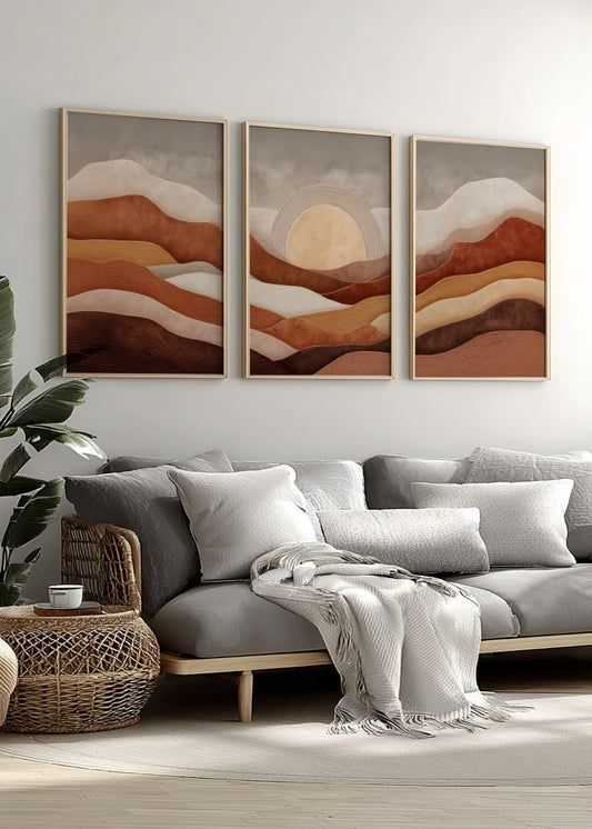 Set of 3 Sunset Mountain Prints – Earth Tone Wall Art, Minimalist Landscape Poster Set