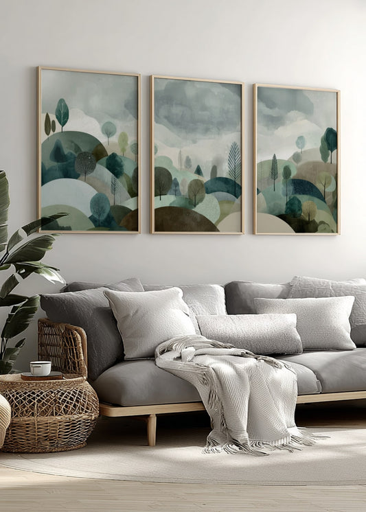 Mountain River Print Set: Burgundy Beige Landscape
