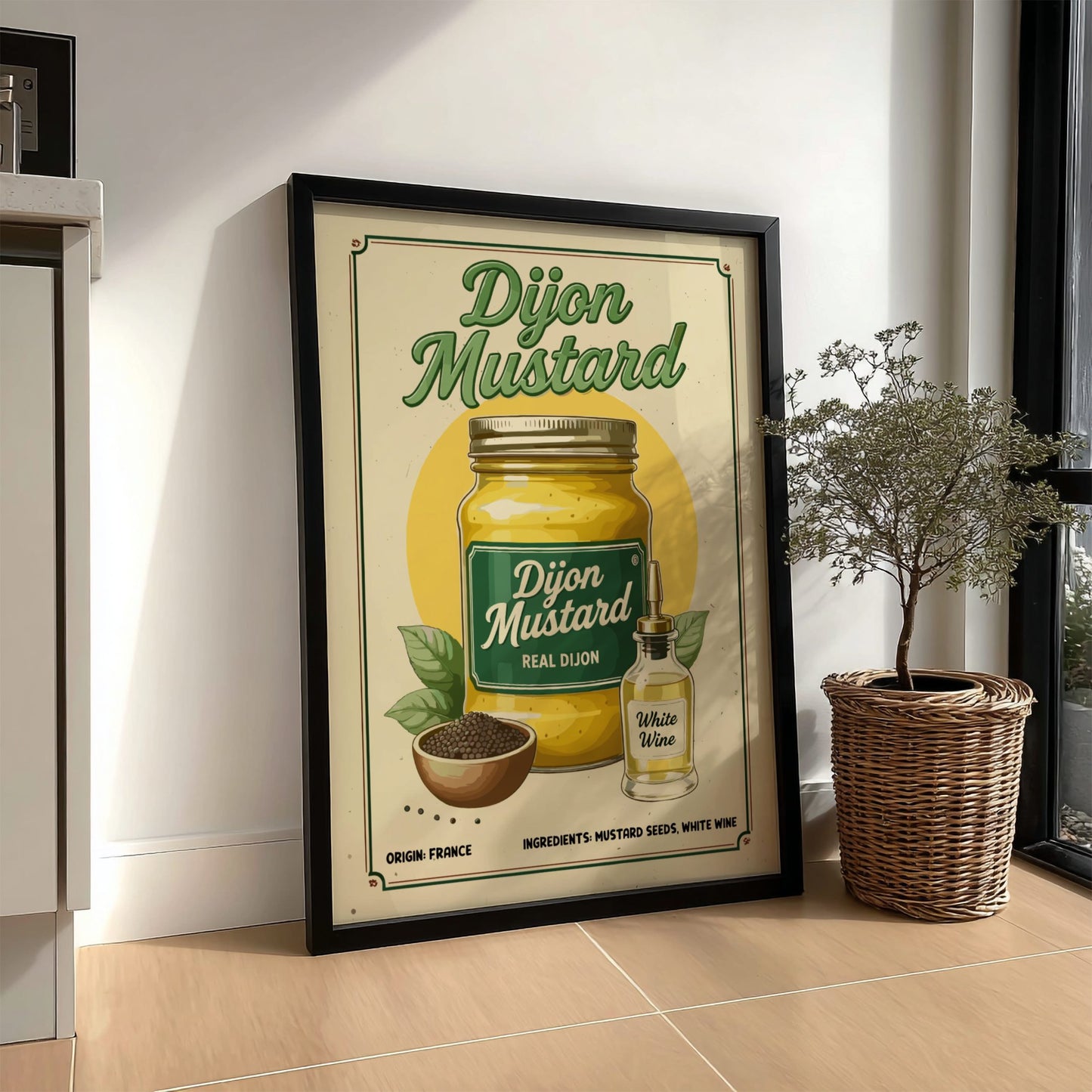 Framed Dijon Mustard advertisement on a wall next to a plant