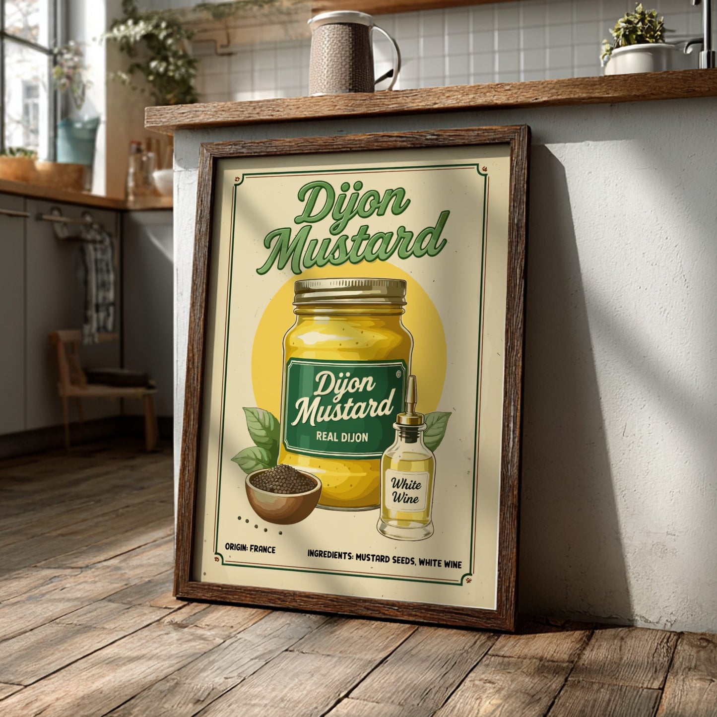 Framed Dijon Mustard advertisement in a kitchen setting