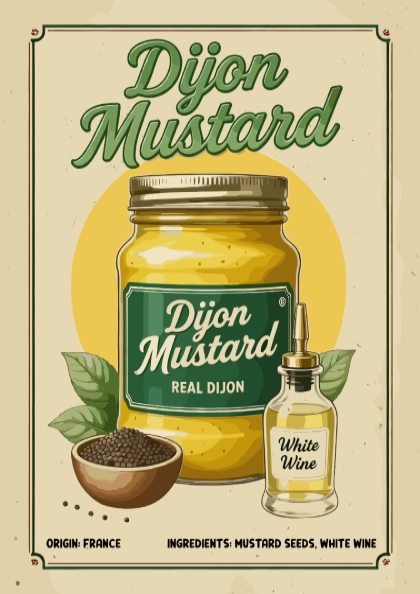 Vintage-style advertisement for Dijon Mustard with a jar and bottle on a beige background.