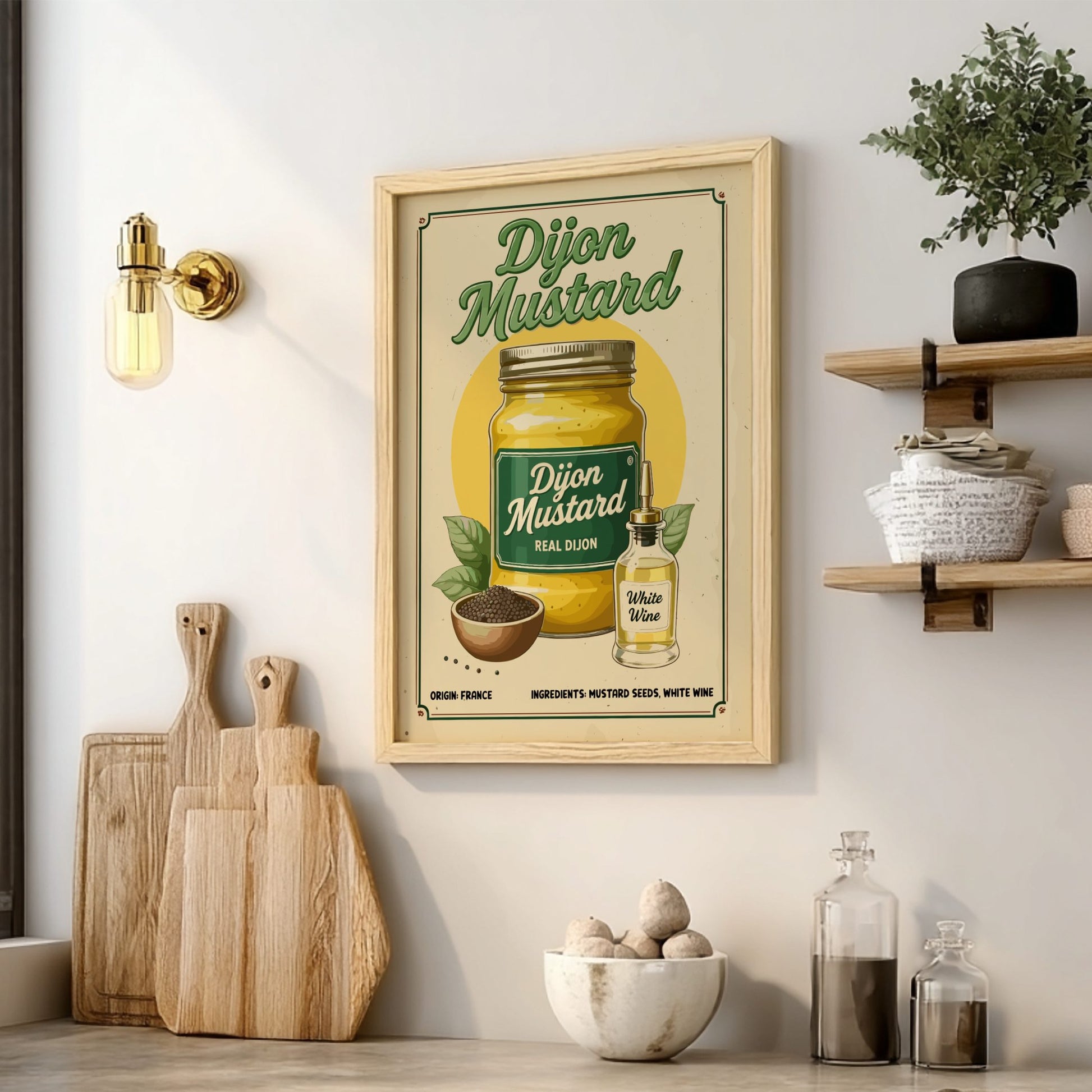 Framed Dijon Mustard poster on a wall with kitchen decor elements.