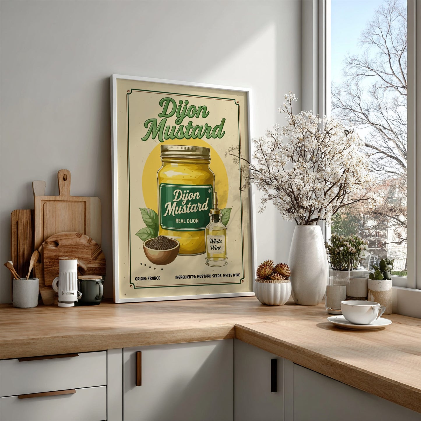 Kitchen counter with a framed Dijon Mustard poster, wooden cutting boards, and decorative items.