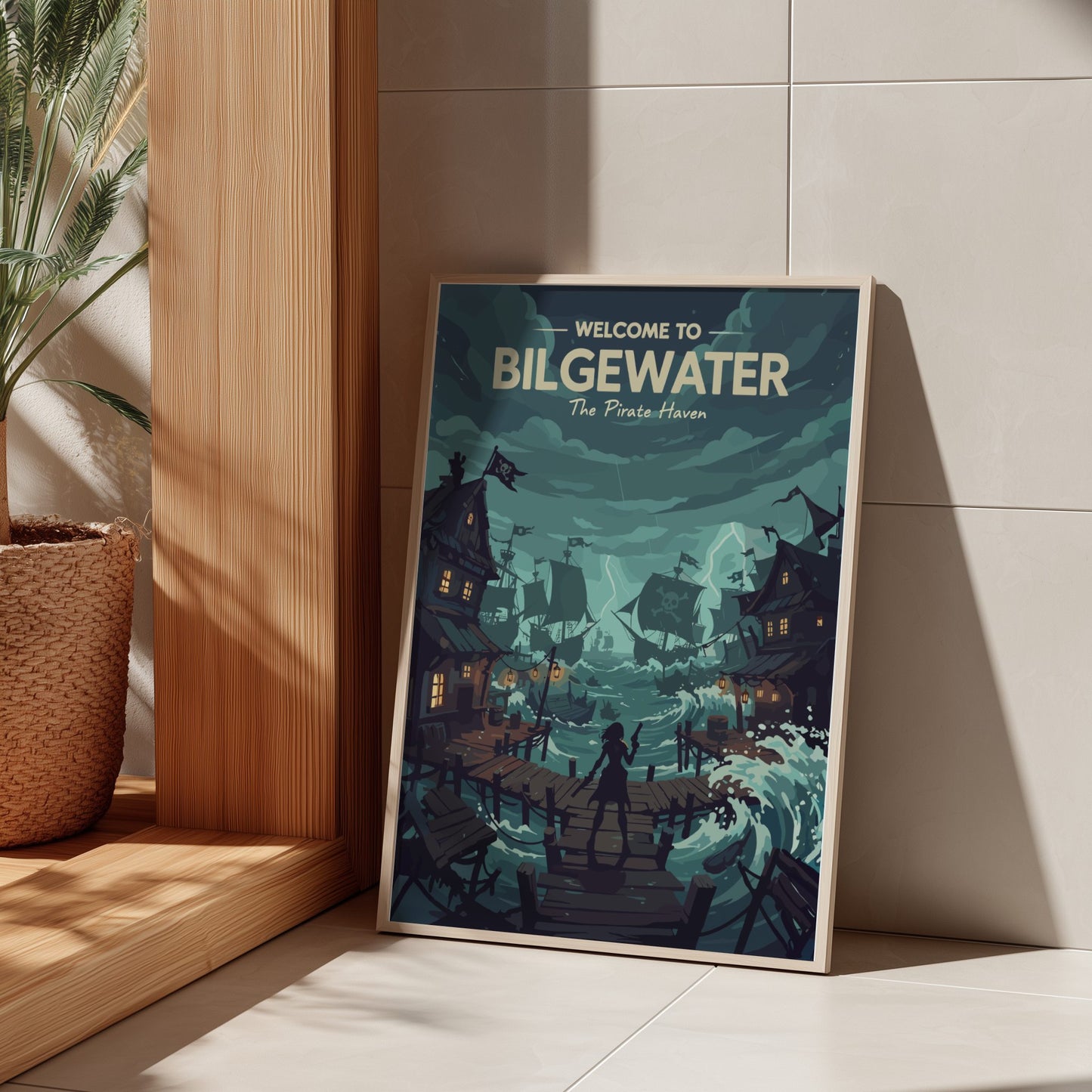 Framed poster with 'Welcome to Bilgewater' text and nautical design leaning against a wall.