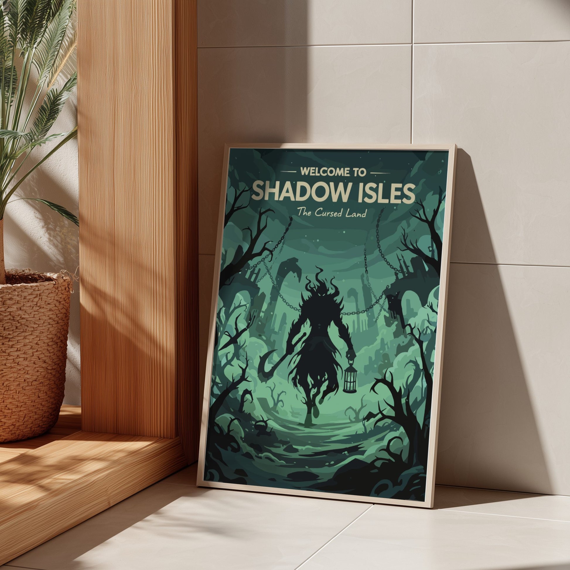 Poster titled 'Welcome to Shadow Isles' leaning against a wall in a room with a plant and wooden shelf.
