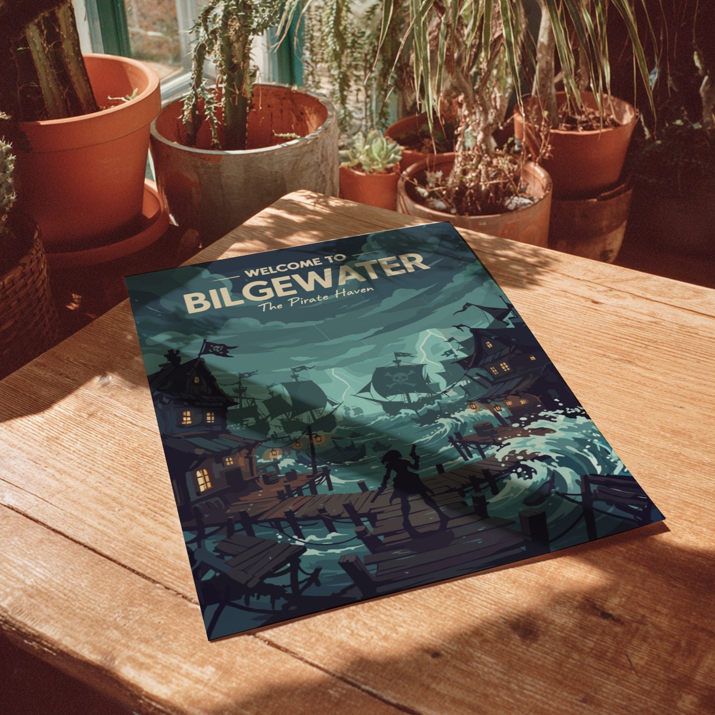 Poster titled 'Welcome to Bilgewater' on a wooden table with potted plants in the background