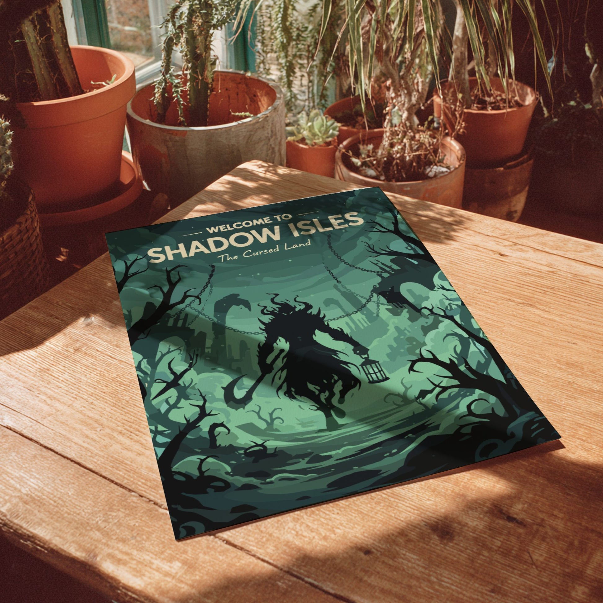 Book titled 'Welcome to Shadow Isles' on a wooden table with potted plants in the background