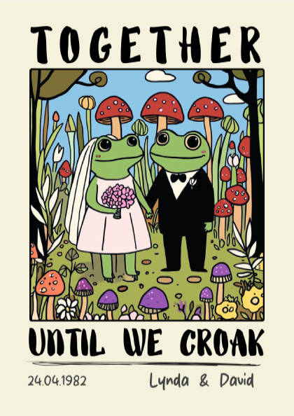 Illustration of two frogs, one in a wedding dress and the other in a suit, surrounded by mushrooms and flowers with text 'Together until we croak'.