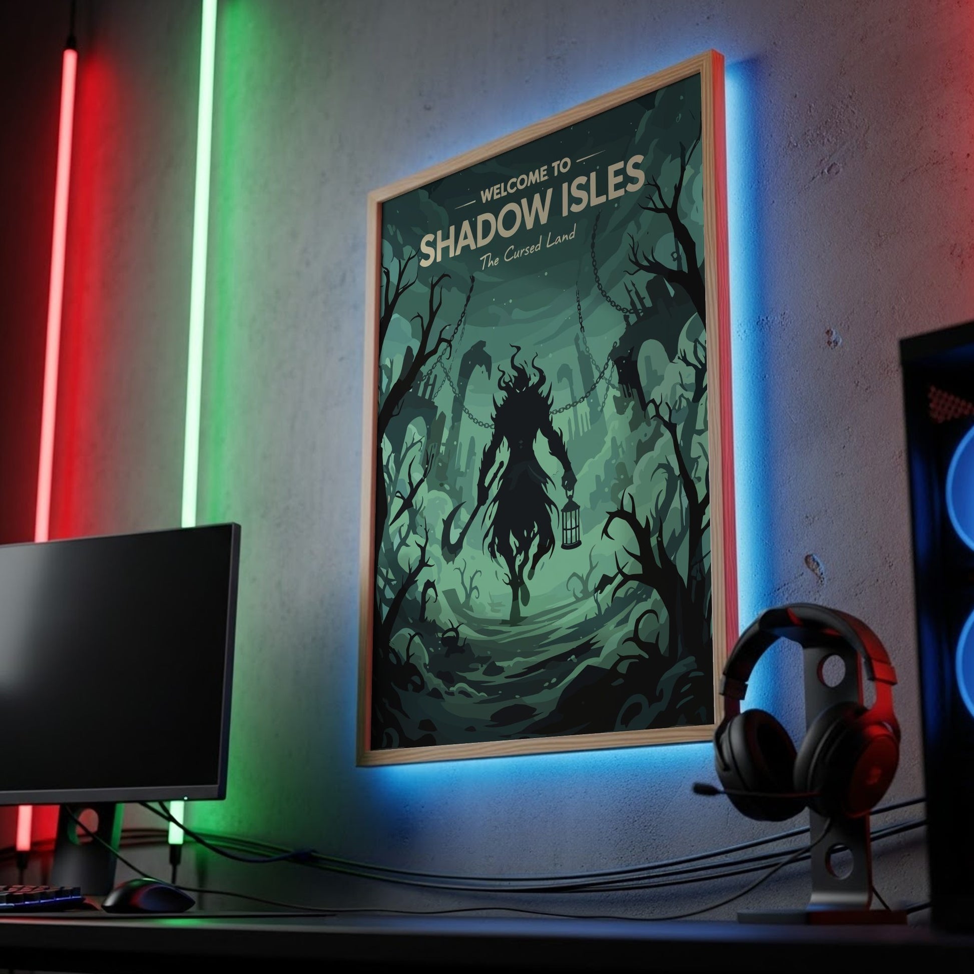 Gaming setup with 'Welcome to Shadow Isles' poster on a wall with colorful lighting.