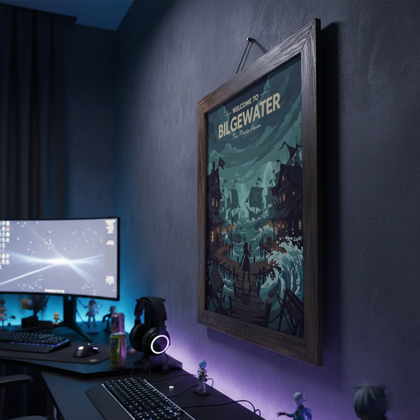 Gaming setup with a framed poster of 'Bilgewater' on a dark wall.