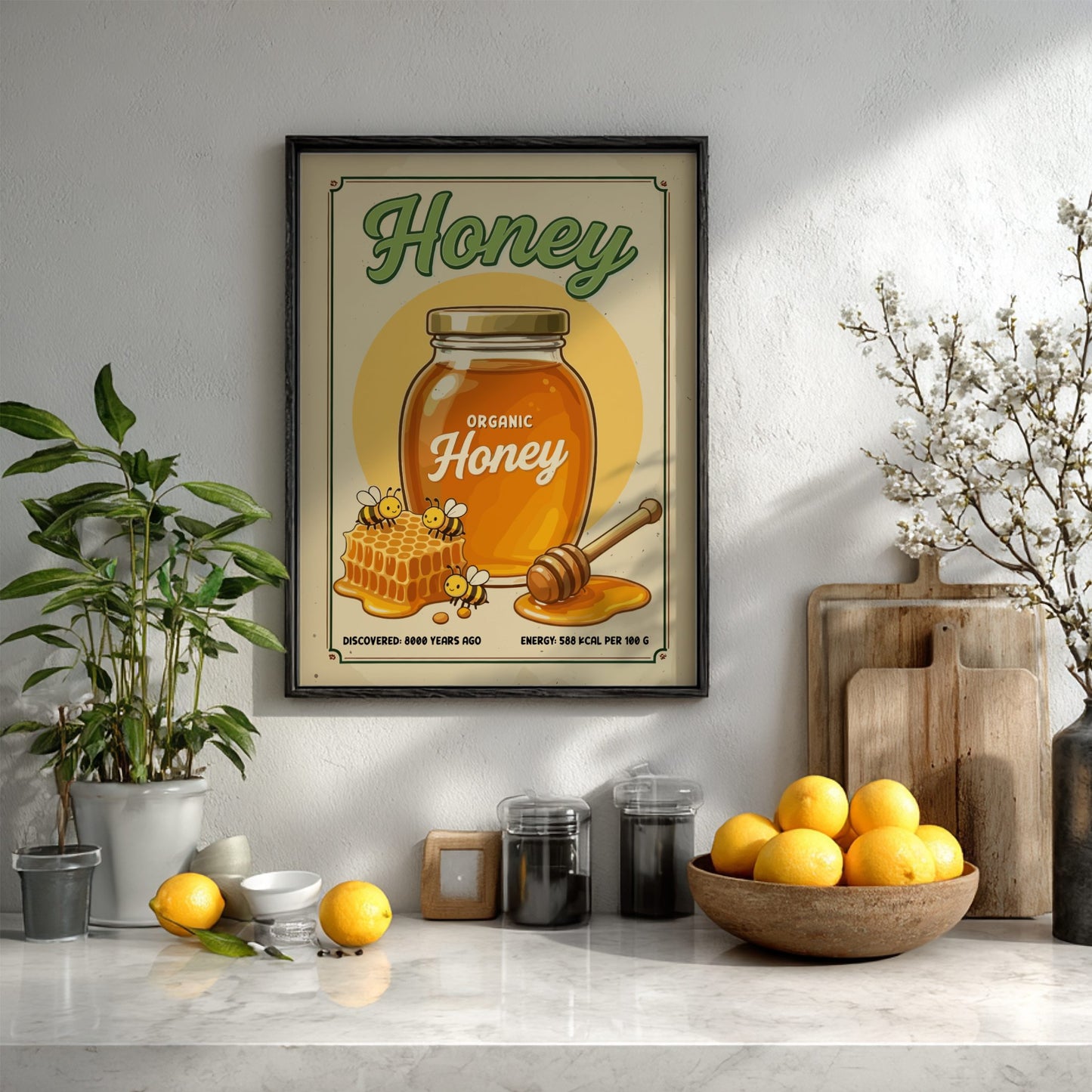 Framed honey poster on a kitchen wall with lemons and plants.