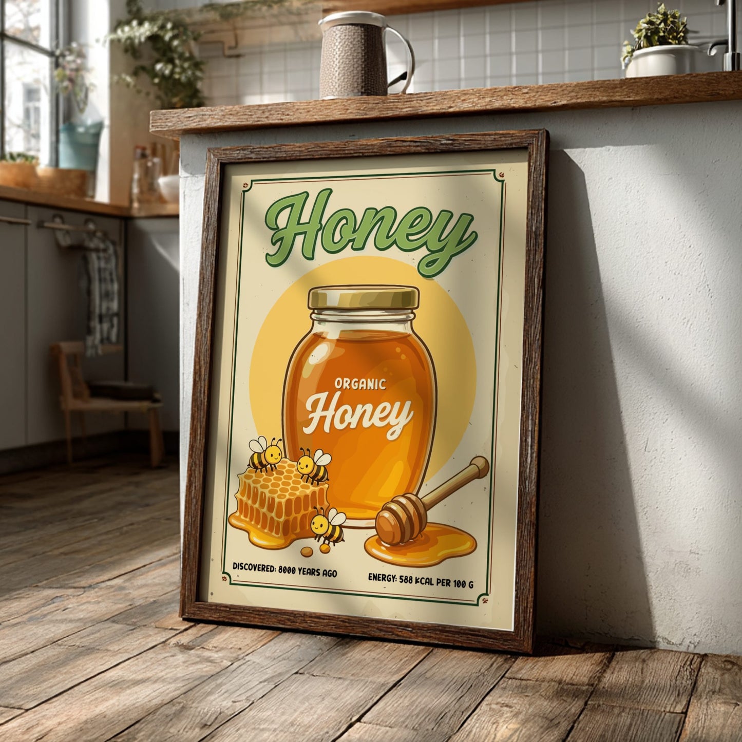 Framed poster of organic honey with bees and a honeycomb on a wooden surface in a kitchen.