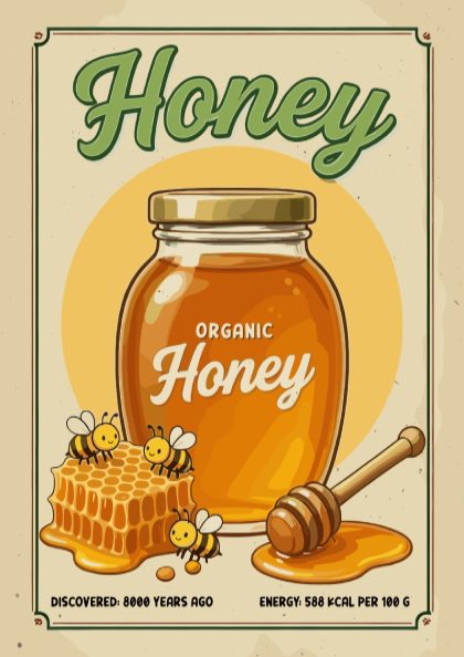 Vintage-style poster of organic honey with a jar, honeycomb, and honey dipper.