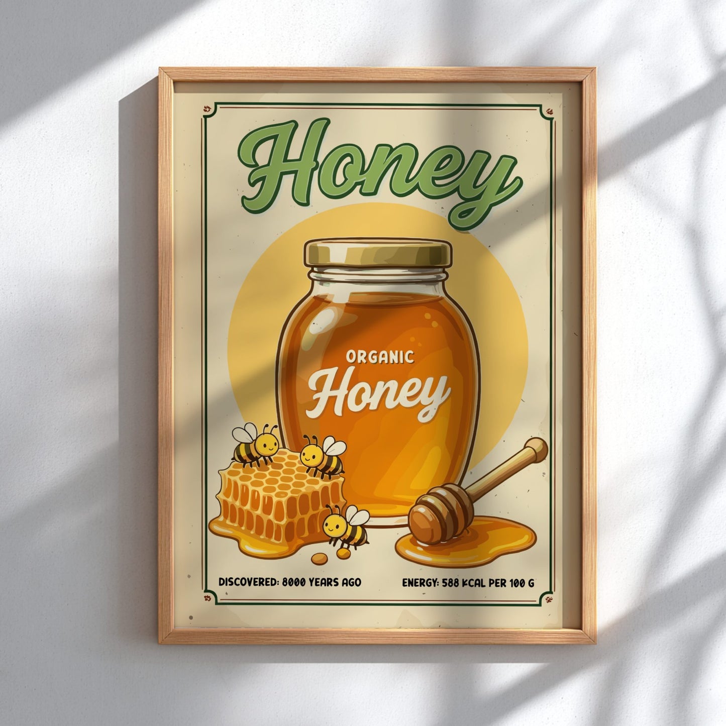Framed poster of a honey jar with bees and honeycomb on a light background