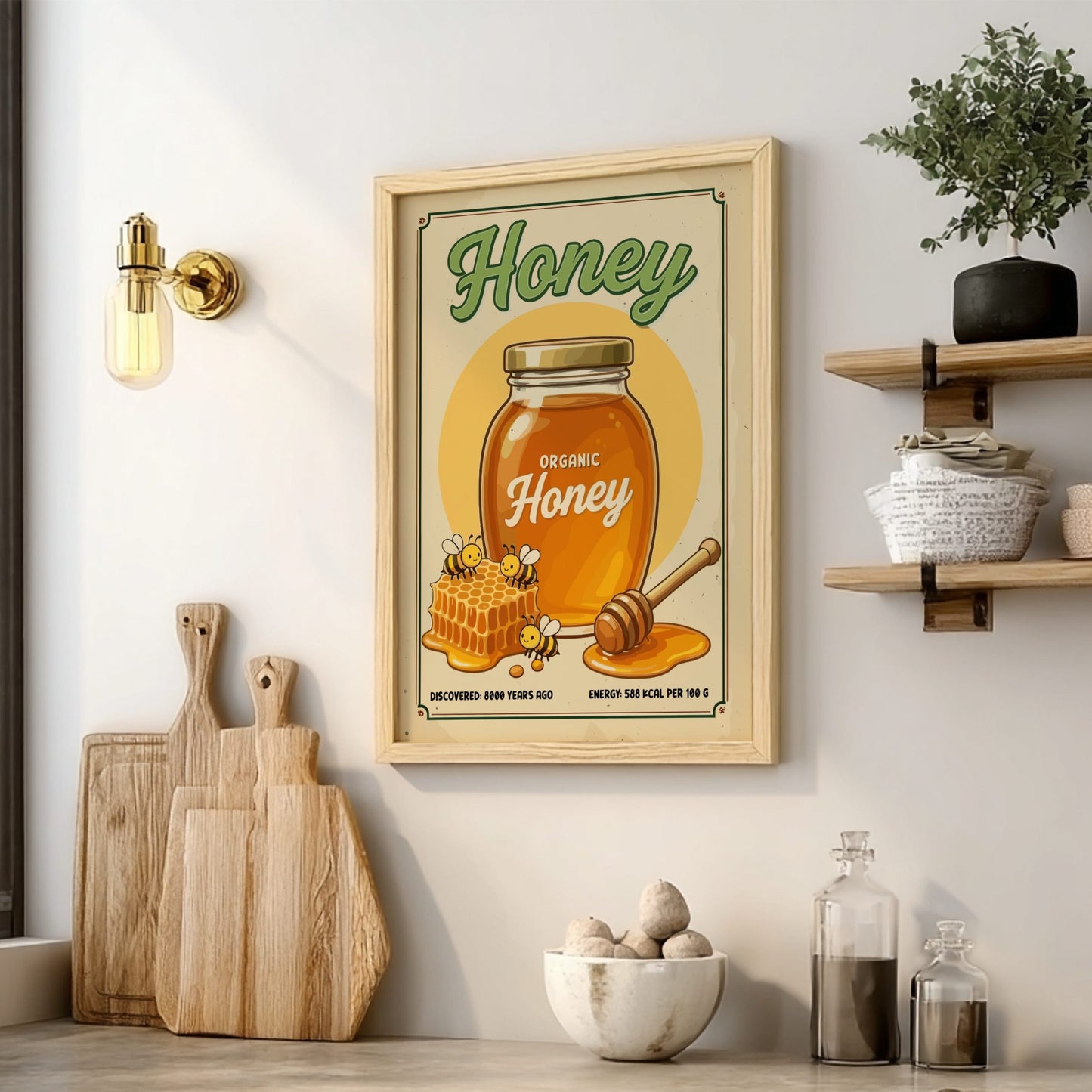 Framed poster of a honey jar on a wall in a kitchen setting with wooden shelves and decor.