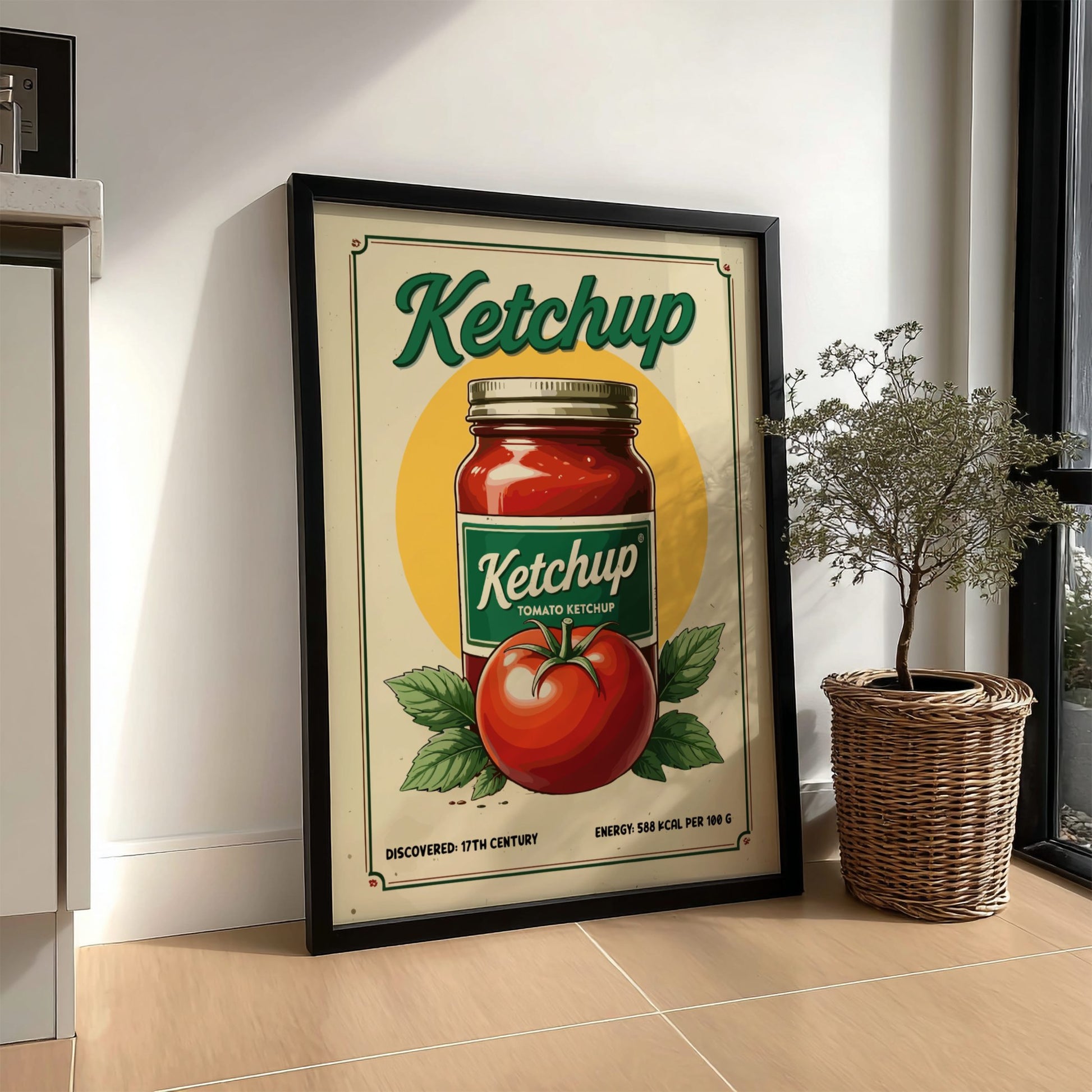 Framed poster of Ketchup with a tomato and jar design on a wall.