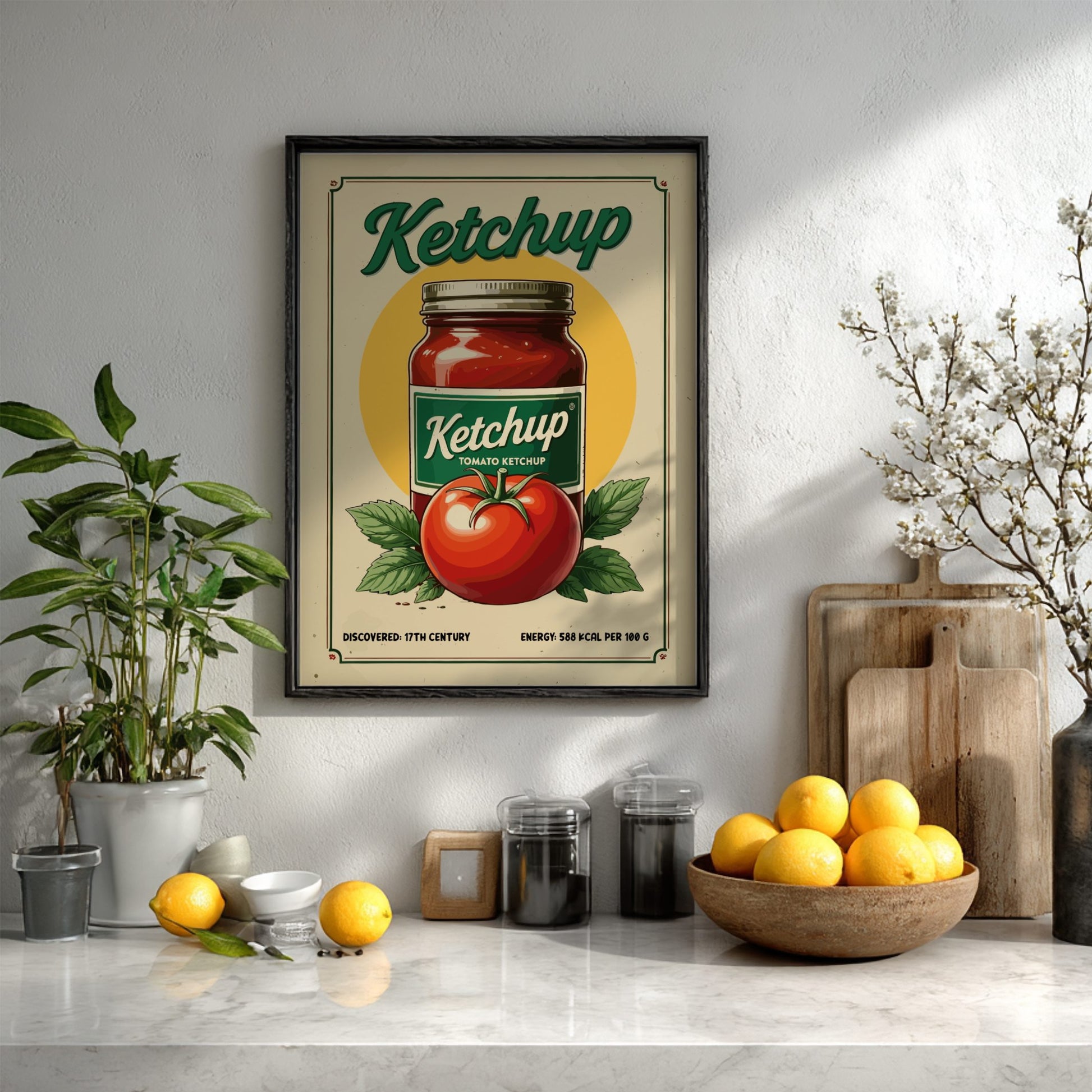 Framed Ketchup poster on a kitchen wall with fruits and plants.