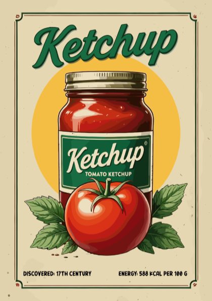 Vintage-style poster of a jar of ketchup with a tomato and green leaves on a beige background.