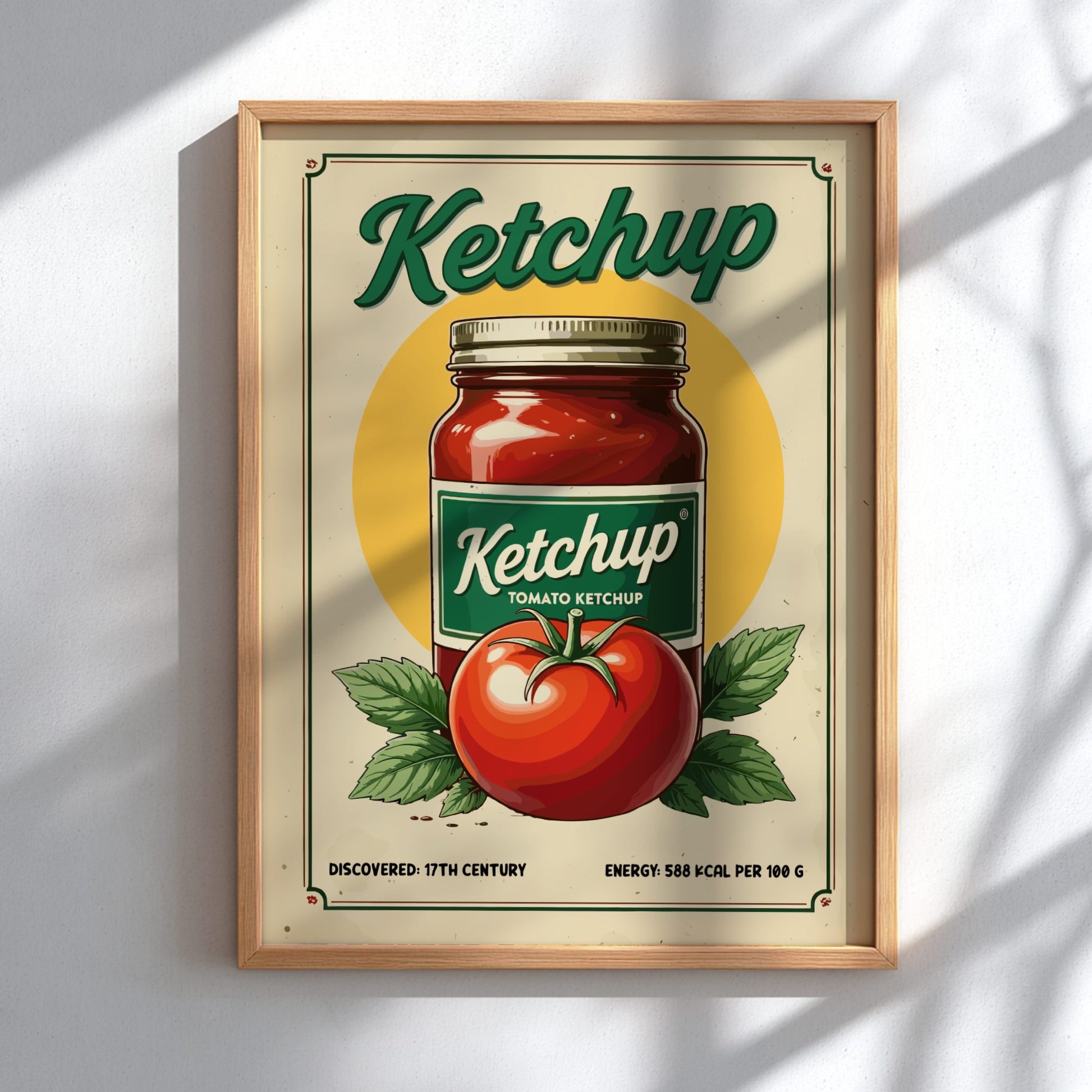 Framed poster of a Ketchup bottle and tomato on a beige background