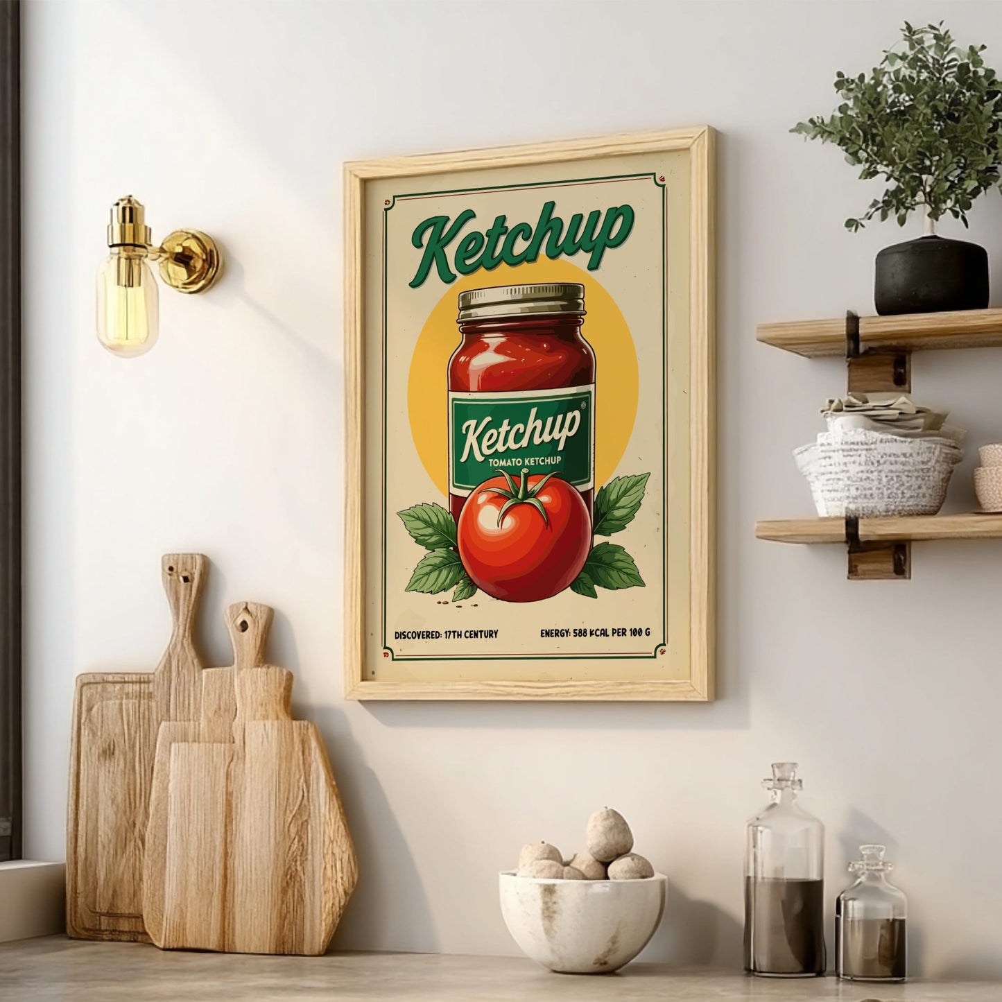 Framed poster of a ketchup bottle and tomato on a wall in a kitchen setting.